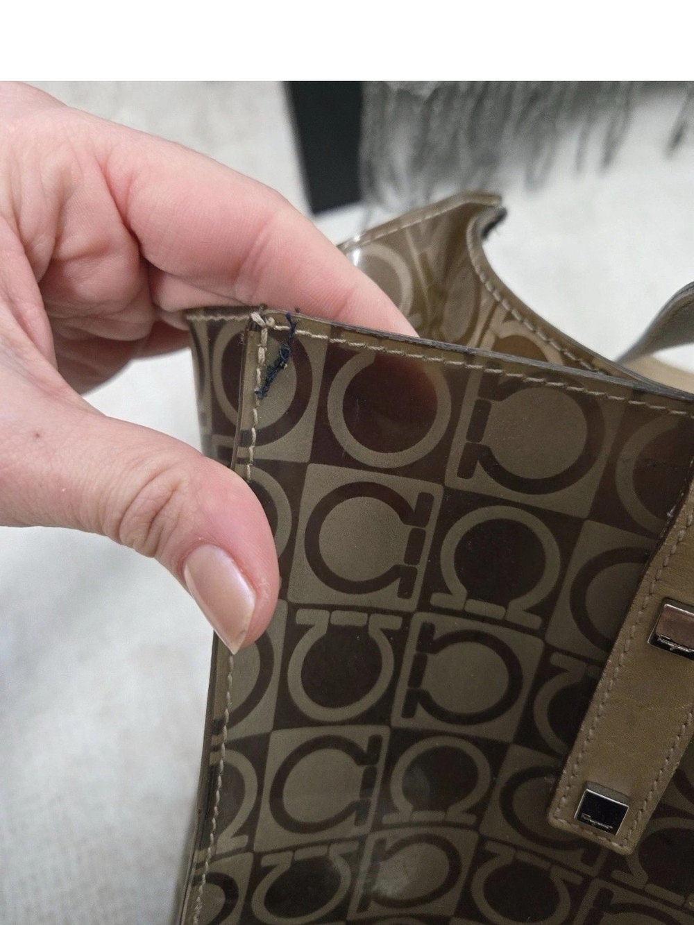 . AUTHENTIC  Salvatore Ferragamo Brown & Tan Signature VinylShopper Tote - Picture 5 of 9